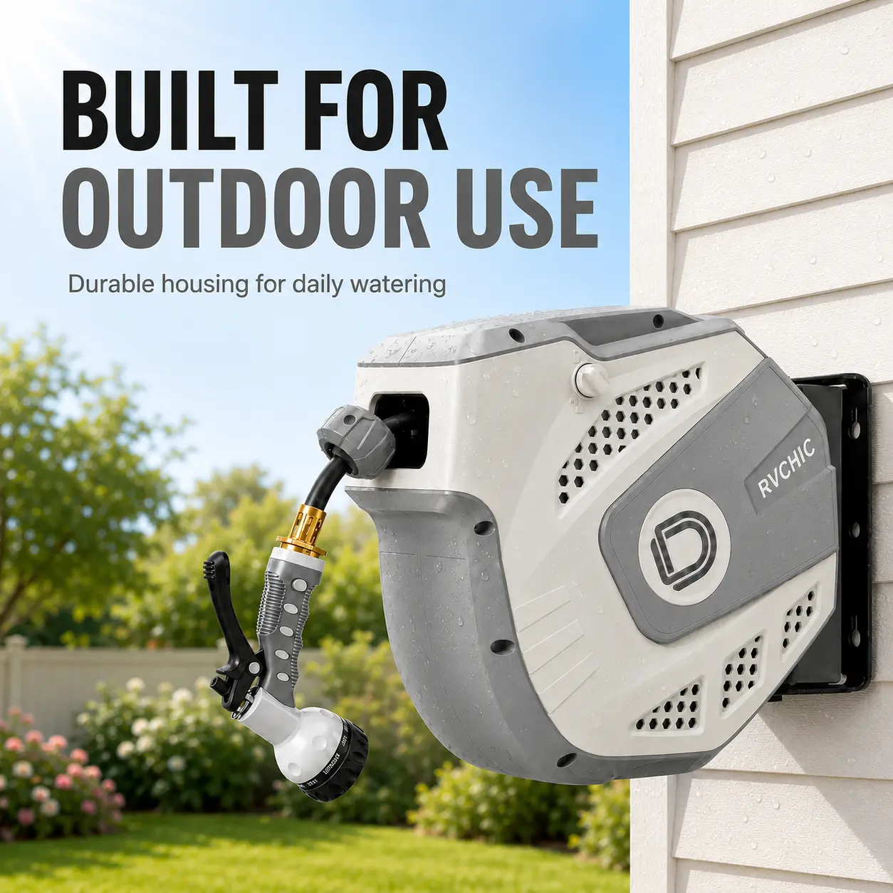 Retractable Hose Reel 33FT Garden Water Hose Reel with 9-Pattern Spray Nozzle, 180° Swivel Bracket Wall Mounted, Auto Rewind, Lock Any Length, Slow Return System for Yard Patio Car Wash
