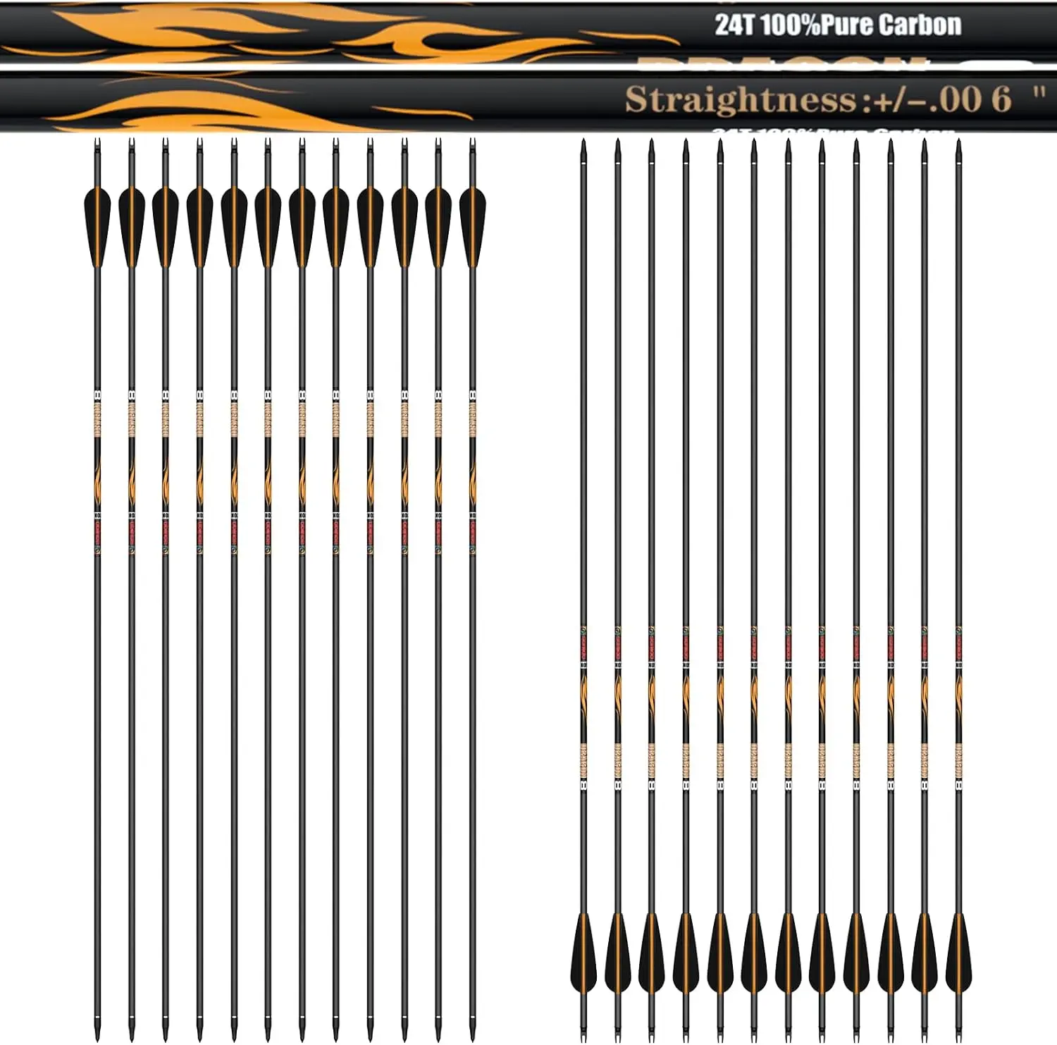 Sanlida 100% Pure Carbon Hunting Arrows, Olympic-Grade 10 Spines Deflection (Unique), 0.006" Straightness, Buy 12 Get 12 Free, For Compound & Recurve Bows (24PCS)