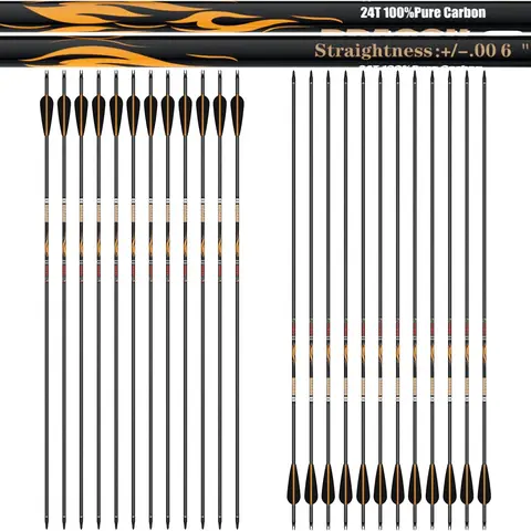 Sanlida 100% Pure Carbon Hunting Arrows, Olympic-Grade 10 Spines Deflection (Unique), 0.006" Straightness, Buy 12 Get 12 Free, For Compound & Recurve Bows (24PCS)