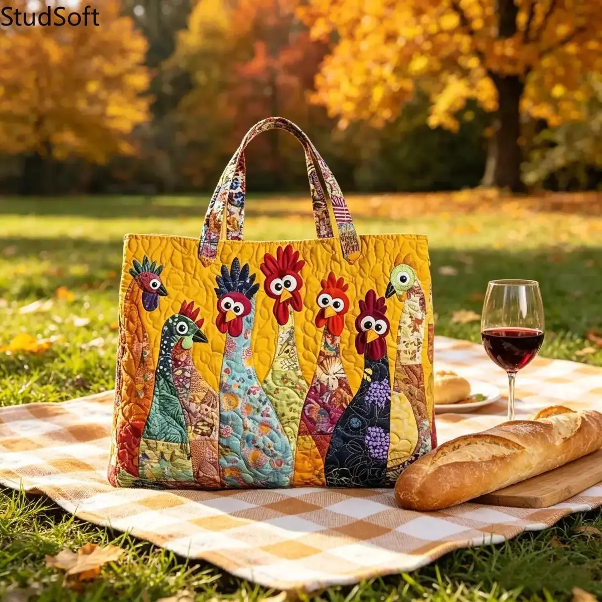 Aesthetic Tote Bag for Women, Quilted Cotton with Boho Chicken Patchwork, Spacious Daily Commuter Fashion Bag with Padded Interior for Travel