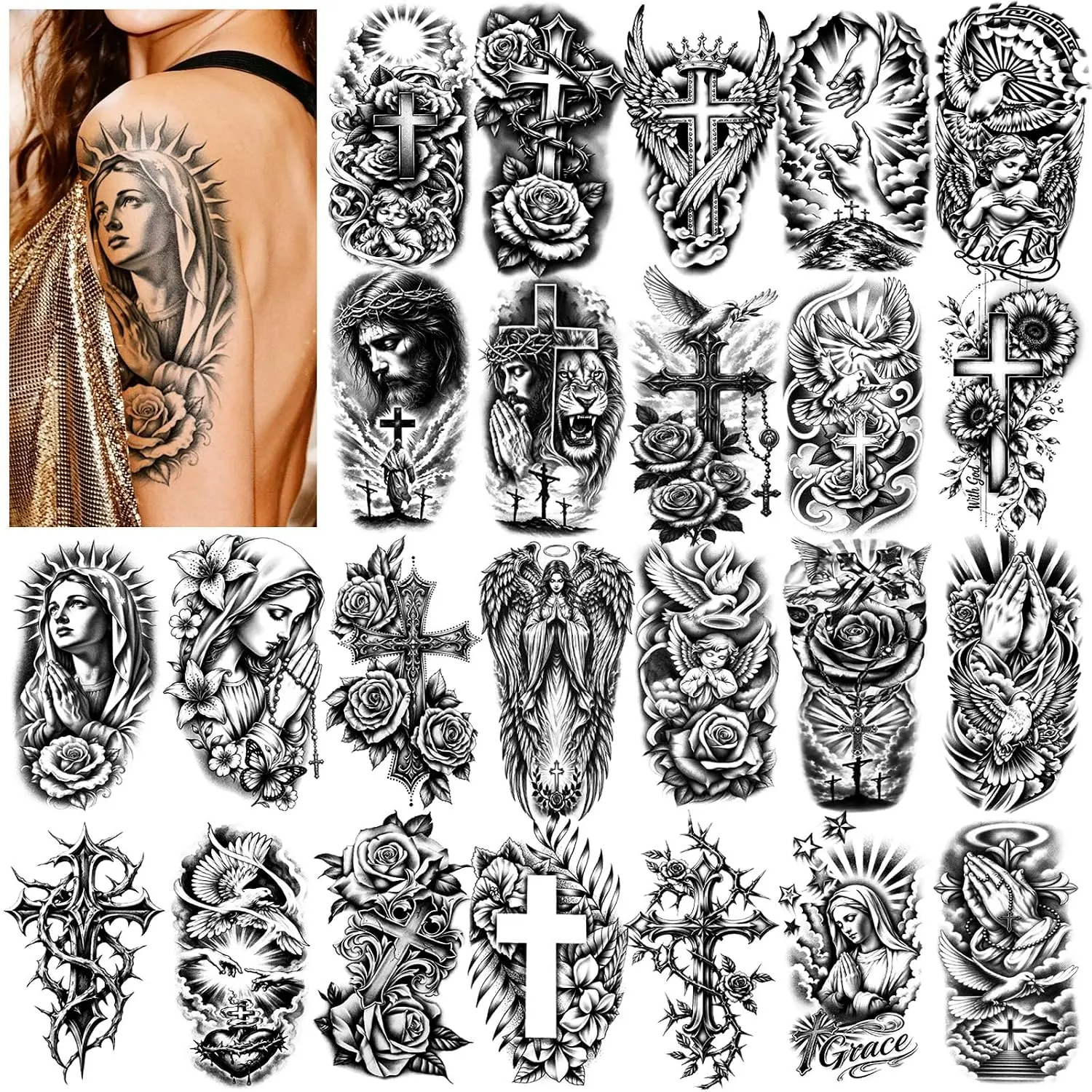 84 Sheets Christian Prayer Cross Temporary Tattoo 24 Half Arm Large Jesus God Religious Fake Tattoos 60 Angels Christ Lion Flowers Tiny for Adult Kids Body Stickers Realistic