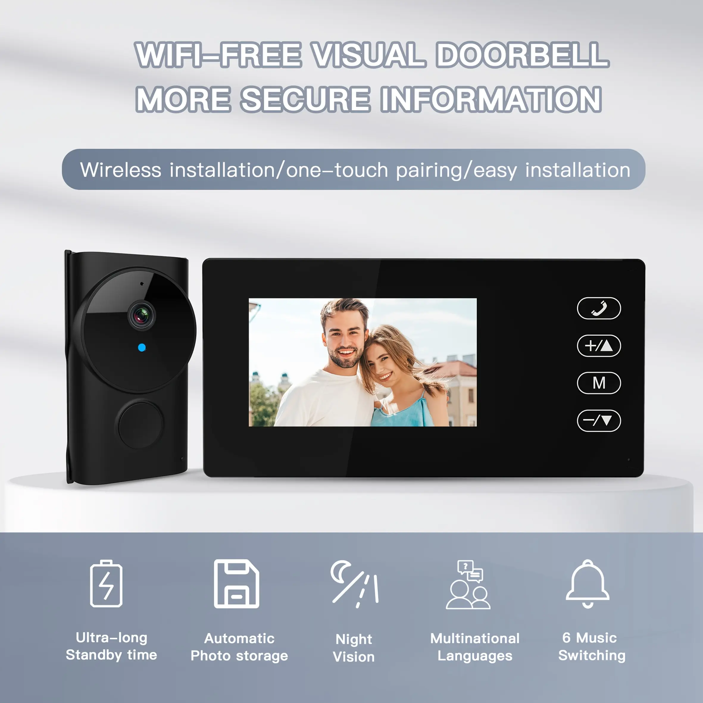 Wireless Smart Camera Video Doorbell, 1080P Video Doorbell Camera with Motion Detection,2-Way Audio,Local Stora, No WiFi Required,No APP,No Subscription Fee, Night Version, Easy Install Without Wiring for Home,Villa,Apartment,School