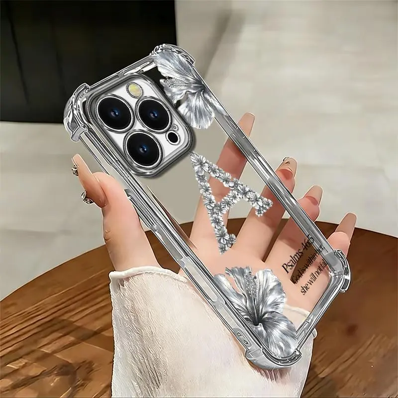Suitable for [iPhone 14 Pro] high-end phone case🥰, Aesthetic Silver Glitter Initial Floral Phone Case, God Is Within Her Clear 4-Corner Shockproof Camera Protective Cover 952