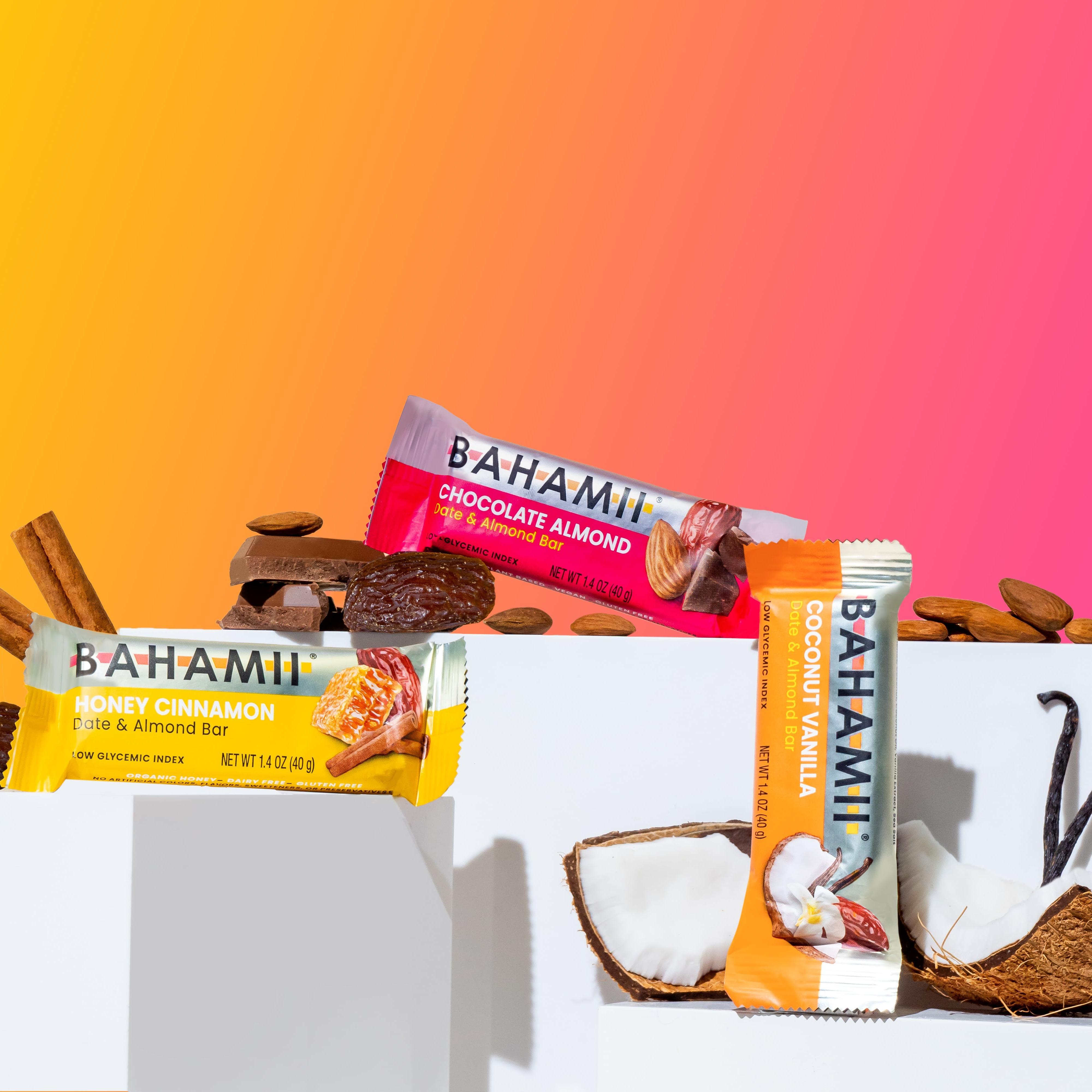 Bahamii Sampler Pack – 3 Flavors of Naturally Sweetened, Gluten-Free, High-Fiber Date Energy Bars (3 Bars) Snack Coconut Chocolate Vanilla