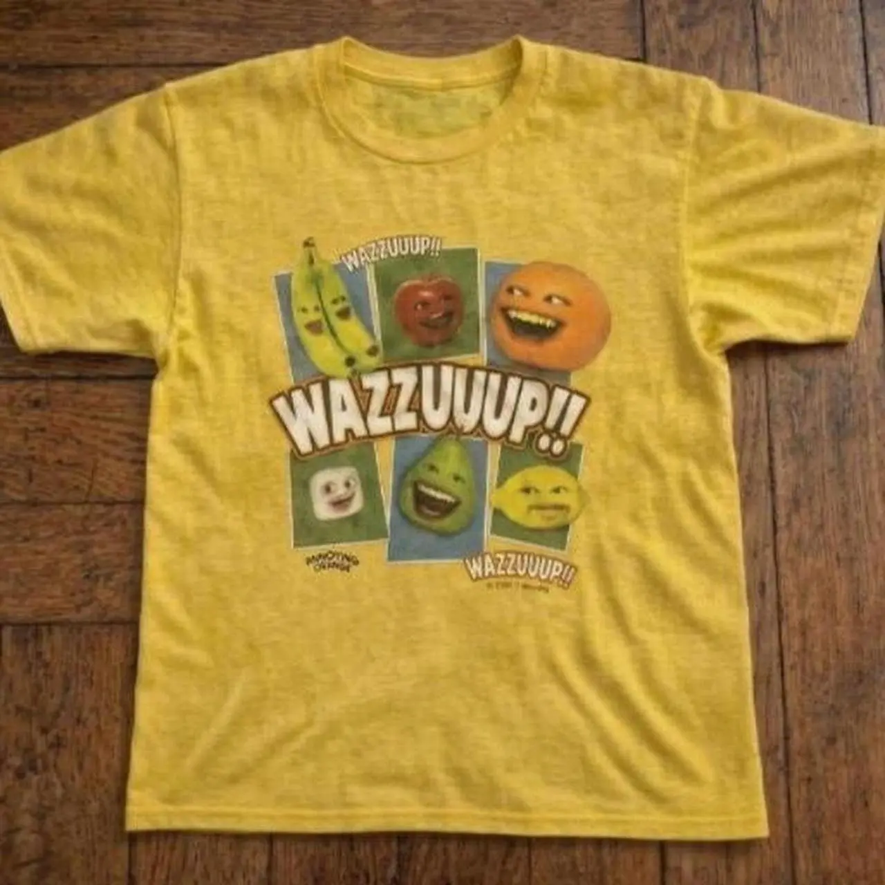 Annoying Orange Wazzup Fruit Panels Graphic T shirt and Baby Tee | Vintage 2010s Aesthetic Internet Meme YouTube Parody Streetwear | Funny Gorpcore Tee