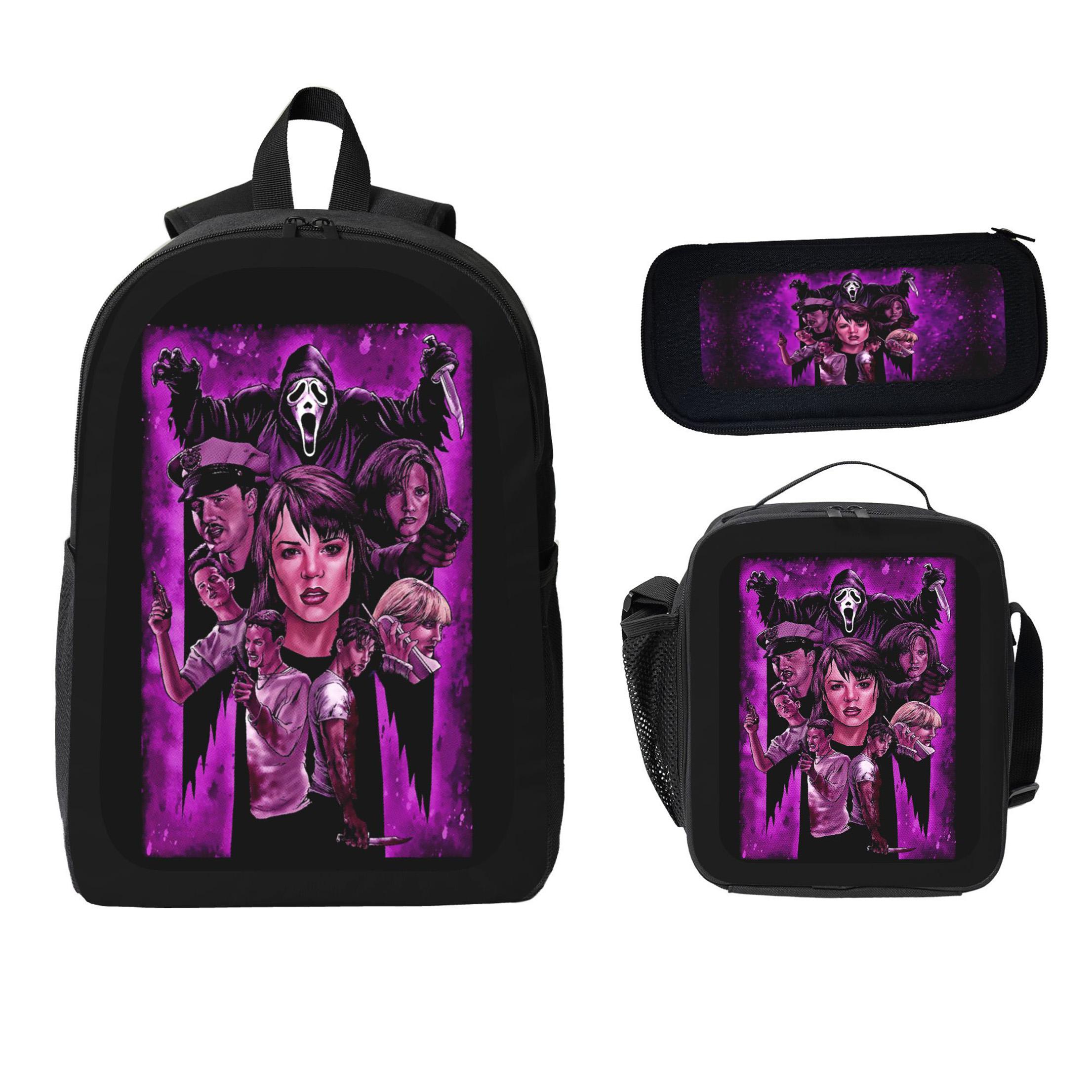 Horror Movie Print Scream 3-Piece Polyester Backpack Set - Lightweight, Large Capacity, Includes School Bag, Lunch Bag & Pencil Case, First Day of School Gift for Teens