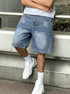 Men's Street Life Collection, hip-hop street style, streetwear versatile summer denim shorts with vintage washed finish and sparkling bling rhinestone decorations. Y2K vintage shiny rhinestone denim shorts, loose-fit casual summer denim shorts.