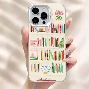 Hand-painted Bookshelf Phone Case iPhone17/17PROMAX/17PRO/16/15/14/13/12/11 designer case Shockproof Crystal Clear High Definition Clarity Colorful Silver Phone Case roo65830