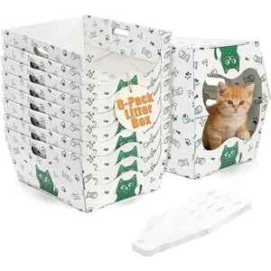 8 Pack Disposable  Litter Box, Sturdy White Cardboard Litter Boxes with Scoop, Anti-Splashing Foldable Enclosed Travel Litter Tray for Cats Puppies Small Pets, 16" L x 12" W x 6.7" H