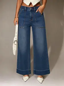 Mid Waist Wide Leg Mid Blue Wash Button Detail Denim Jeans Mid Rise Casual Fall Autumn Winter Night Out Back To School Office Work Date Night Core Denim Chic Spring Summer