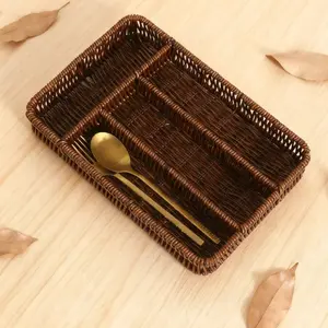 Natural Simple Style Three-Compartment Woven Storage Basket, Kitchen Utensil Organizer Long Rectangular Classification Basket