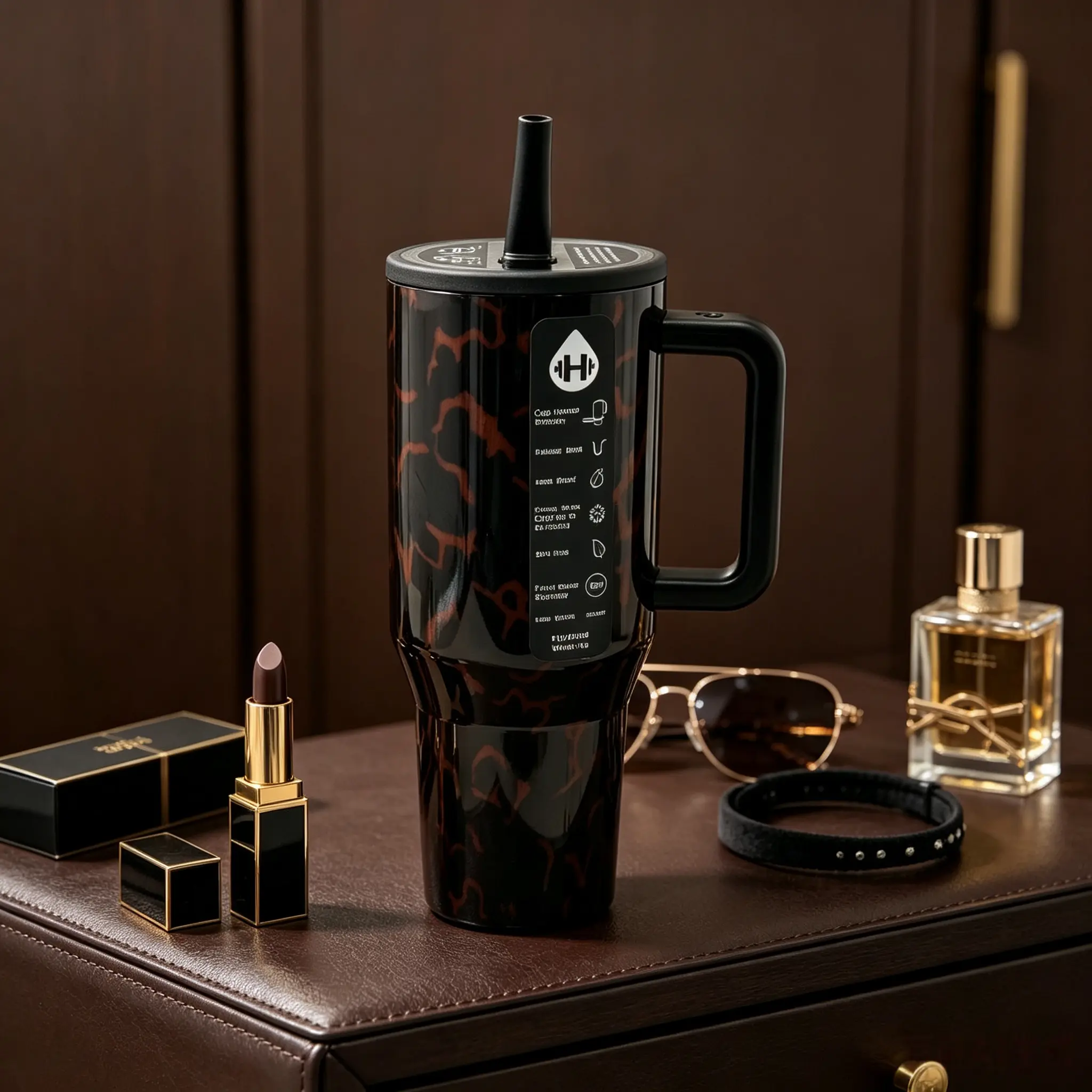 HydroJug 40oz Stainless Steel Vacuum Flask - Glossy Black Base Leopard Print Vintage Tumbler, 24hr Cold Retention, Spill-Proof Straw Lid, Portable Drinkware for Gym-Office Use, Stylish, Bottle