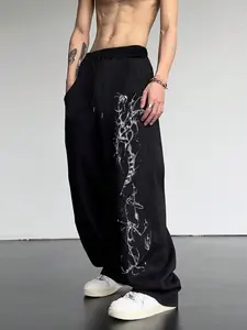 Men's Casual Sporty Long Pants, Geometric Totem Pattern Print, Drawstring Wide Leg, Loose-Fitting, All Seasons Wear