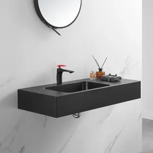 Bathroom Sink, Solid Surface Material, Wall-Mount or Countertop Install, 40" with Single Faucet Hole in Matte Black， SVWS602-40BK