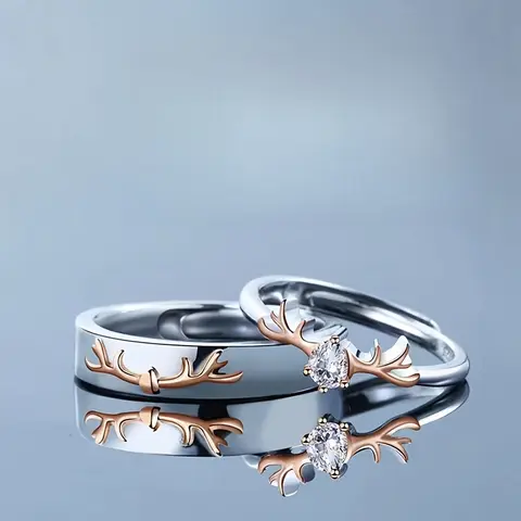 Forest Antler Animal Theme Couple Rings - 1 Set (2pcs), Adjustable Size, Matching BF and GF, Cute Sentimental Gifts for Boyfriend, Daily Wear Fashion Costume Jewelry