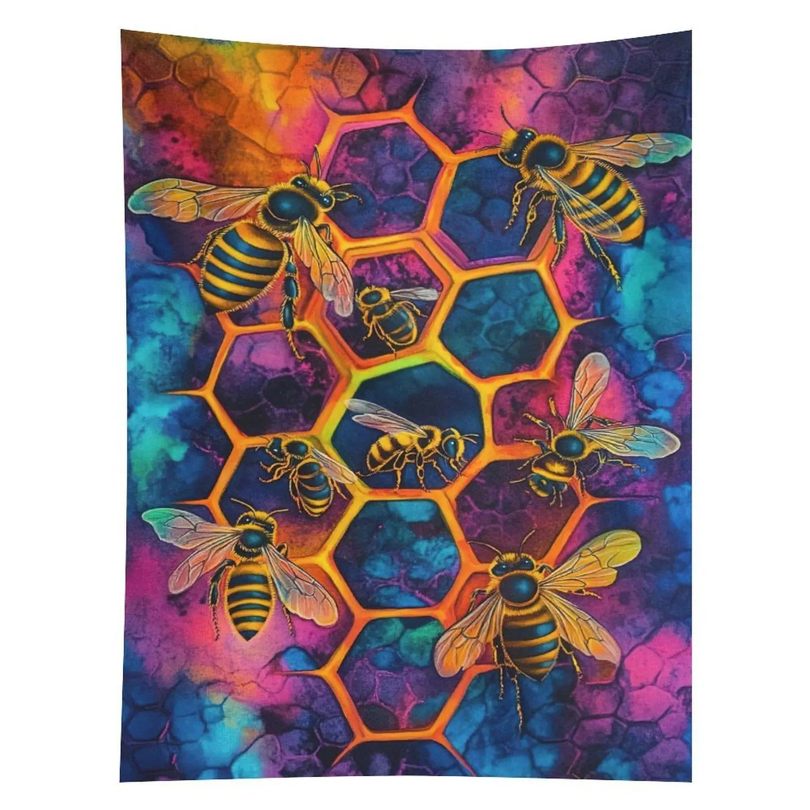 Honey Bee Honeycomb Tapestry Colorful Watercolor Insect Wall Hanging Decor
