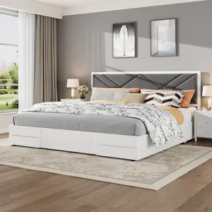 Modern Upholstered Platform Bed Frame with Headboard – White Soft – Sturdy Wood Slats – Noise-Free, No Box Fresh Needed – Easy Assembly – Bedroom Furniture