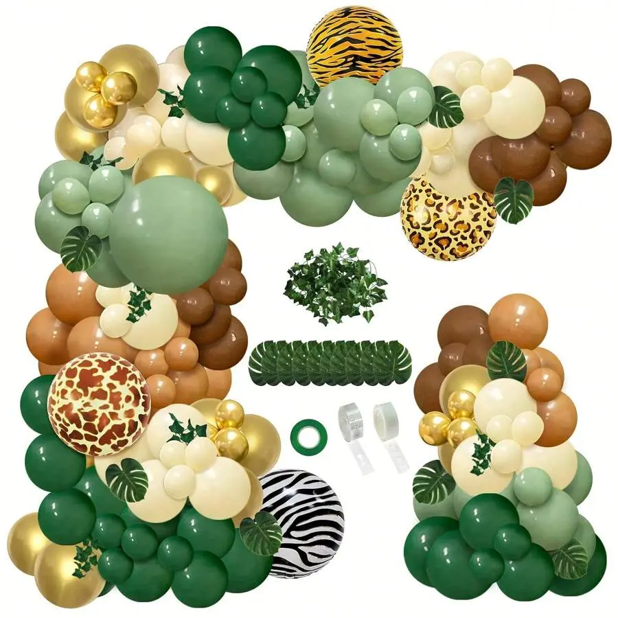 142pcs Jungle Theme Multicolor Latex Balloon Arch Kit - Sage Green, Brown, Animal Print Balloons, Palm Leaves, Tutu Garland for Woodland Tropical Birthday Party Decor, Latex Balloons