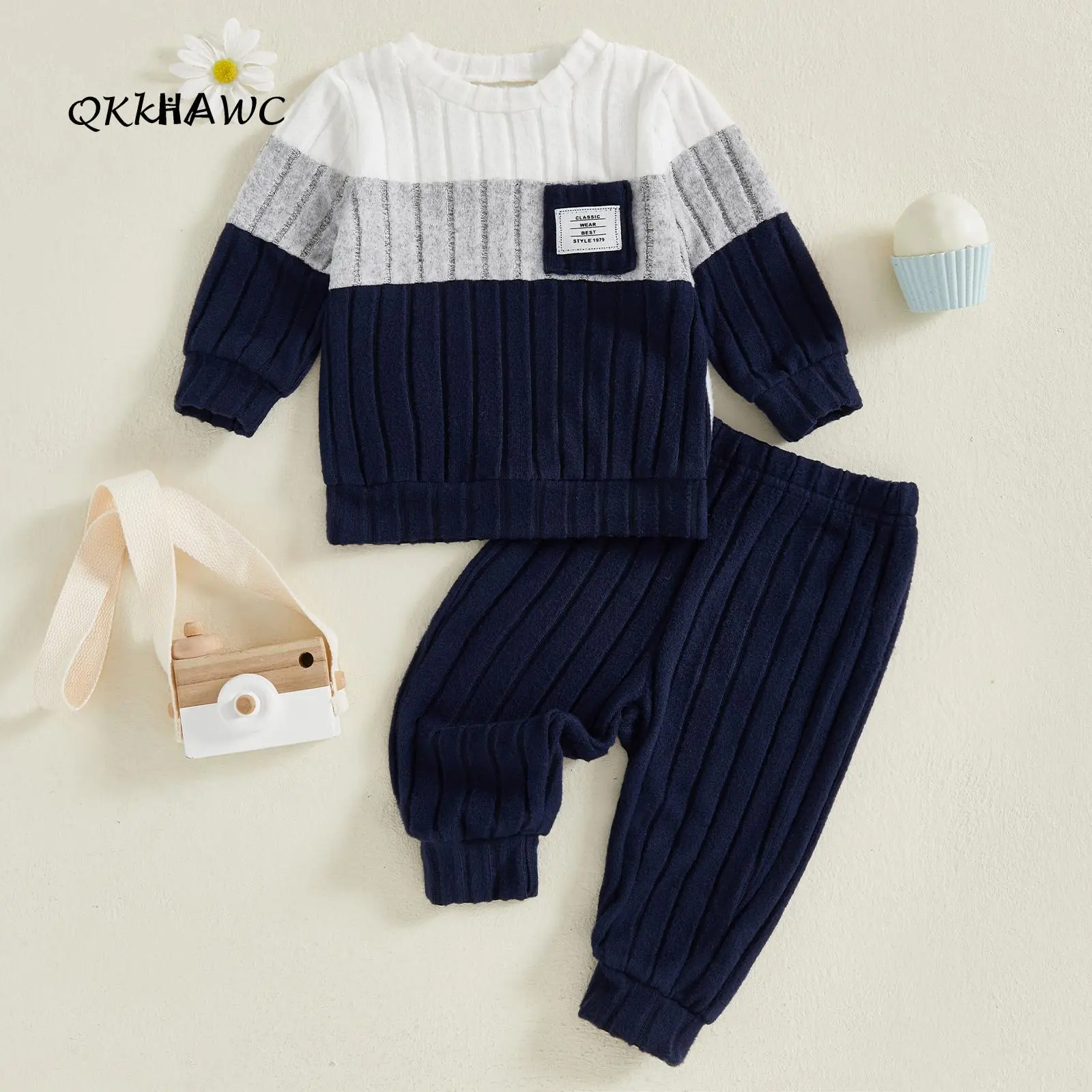 Boys Fall 2Pcs Pants Sets Long Sleeve O Neck Patchwork Pullover Solid Color Pants