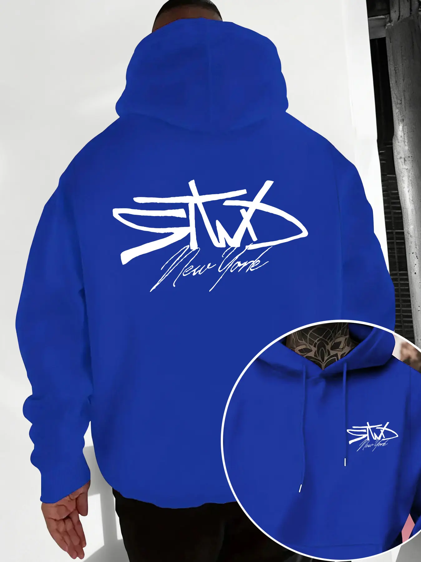 Men's Stwd New York Pattern Print Hoodie, Drawstring & Kangaroo Pocket, Comfortable Casual Fashion Pullover, Fall&winter Trendy Letter Sweatshirt