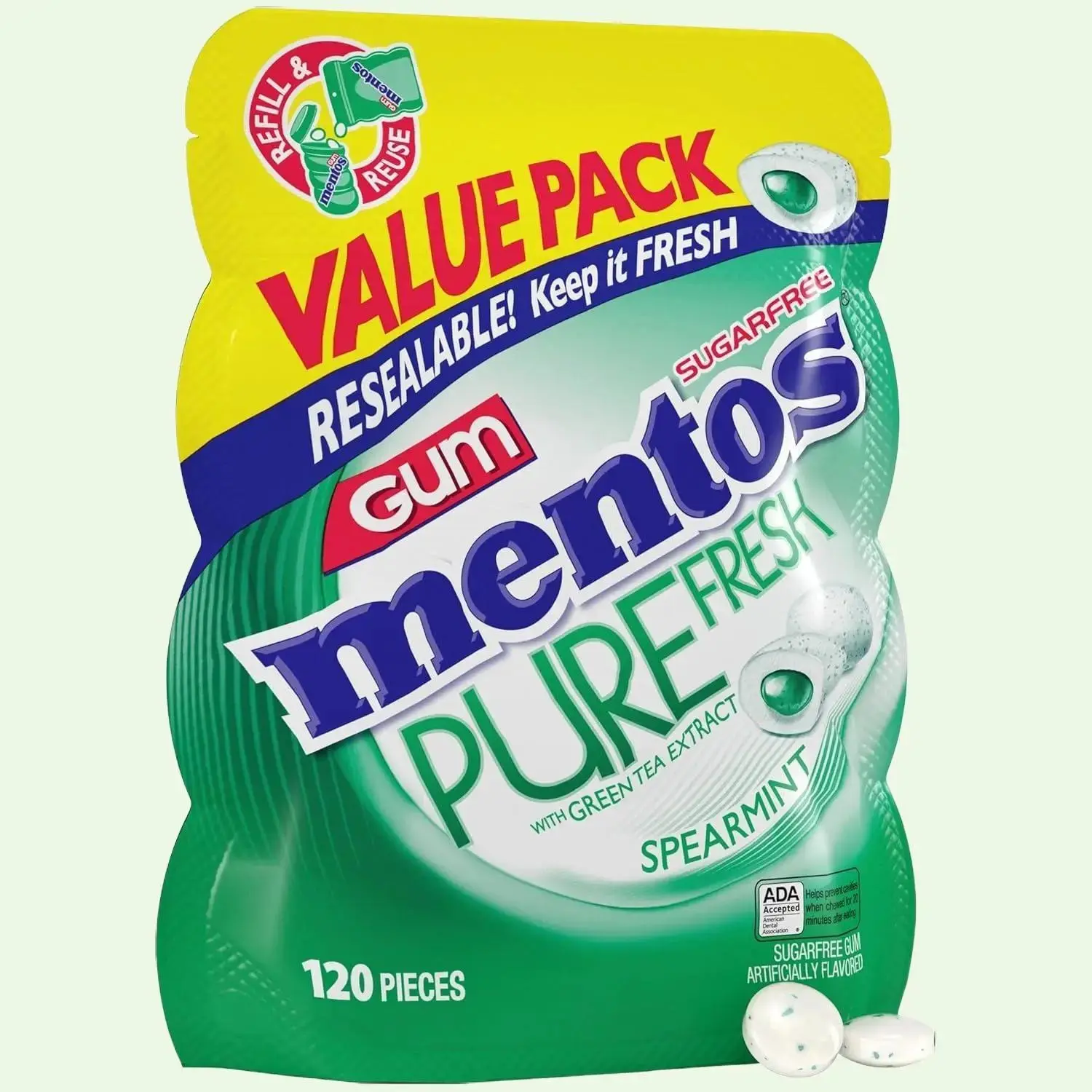 Mentos Pure Fresh Sugar-Free Gum with Xylitol | Spearmint Flavor | 120 Pieces in a Resealable Bag Snack