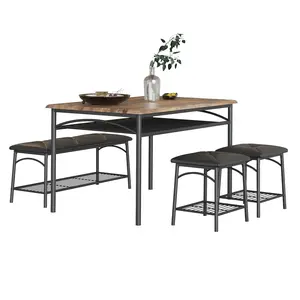 【GARVEE】Modern Dining Table Set for 4,Kitchen Table with Upholstered Bench & Square Stools, Wooden Top & Metal Frame, Compact Storage Dining Set (Brown)