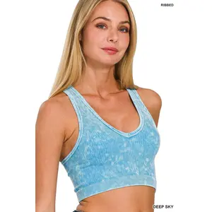 Washed Ribbed Seamless Racerback Top - Deep Sky - by Zenana