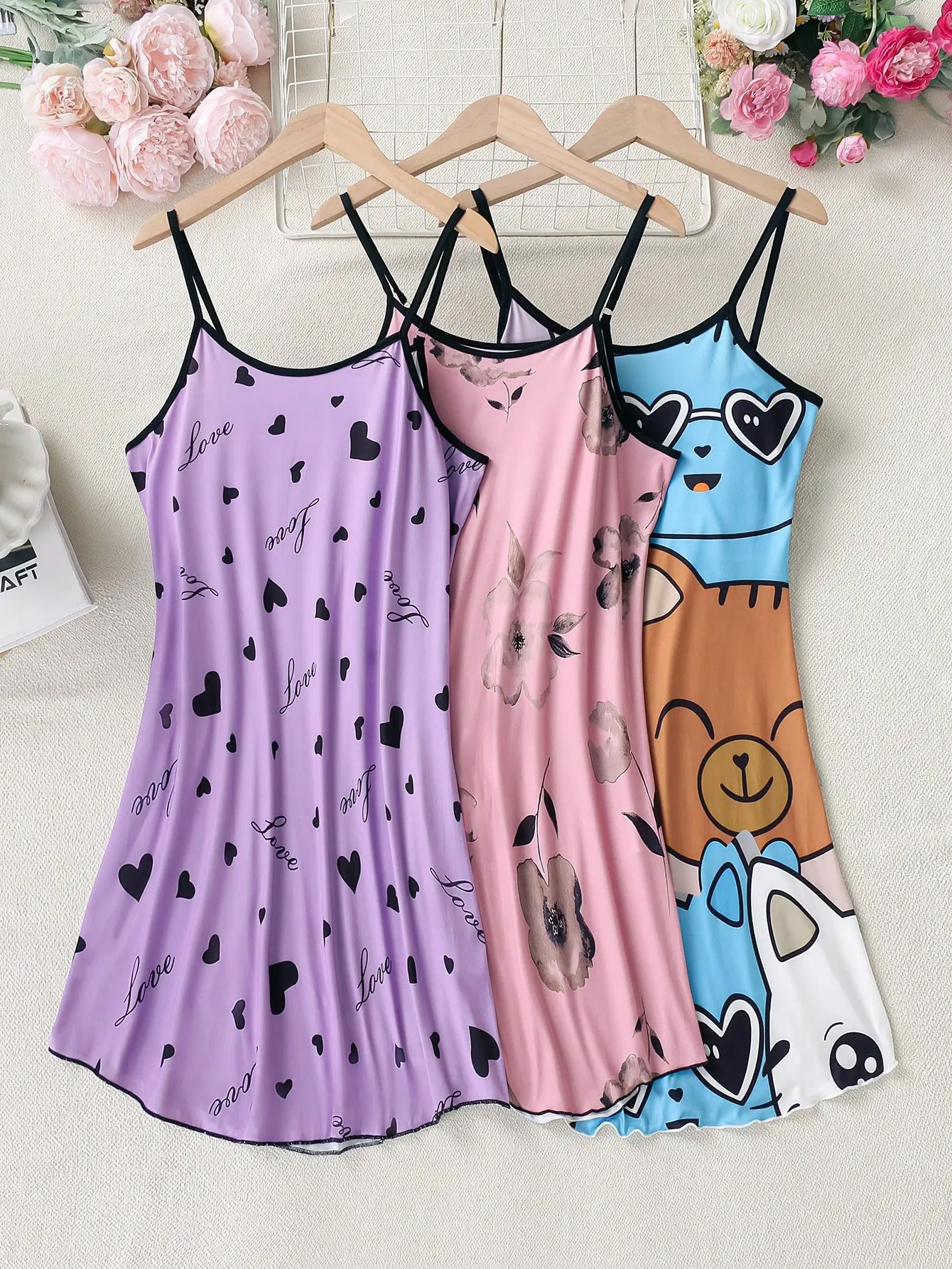 Women's Elegant 3-Piece Heart-Print Lace-Edged Nightwear Set - Lightweight Sleeveless Fitted Camisole Nightgown, Summer Inner Dress Pajamas