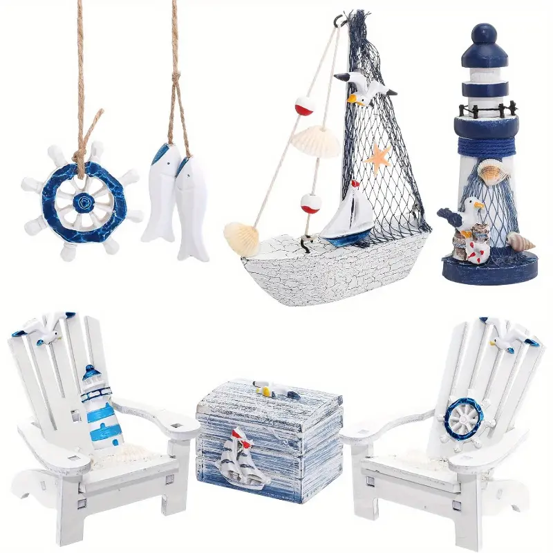[7 Pieces Wooden Lighthouse Decor] 7 Box Mini Sailboat Anchor, Fish Hanging Starfish Model, Christmas Tree Ornament Decoration, Aquarium Decor Landscape Tank Ornament, Office Garden Landscape, Cre