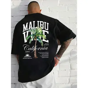 Men's Summer Short Sleeve T-Shirt - Breathable Regular Fit with Malibu California Palm Tree & Bold Letter Print, Casual Beachwear for Outdoor Activities, Comfortable Breathability