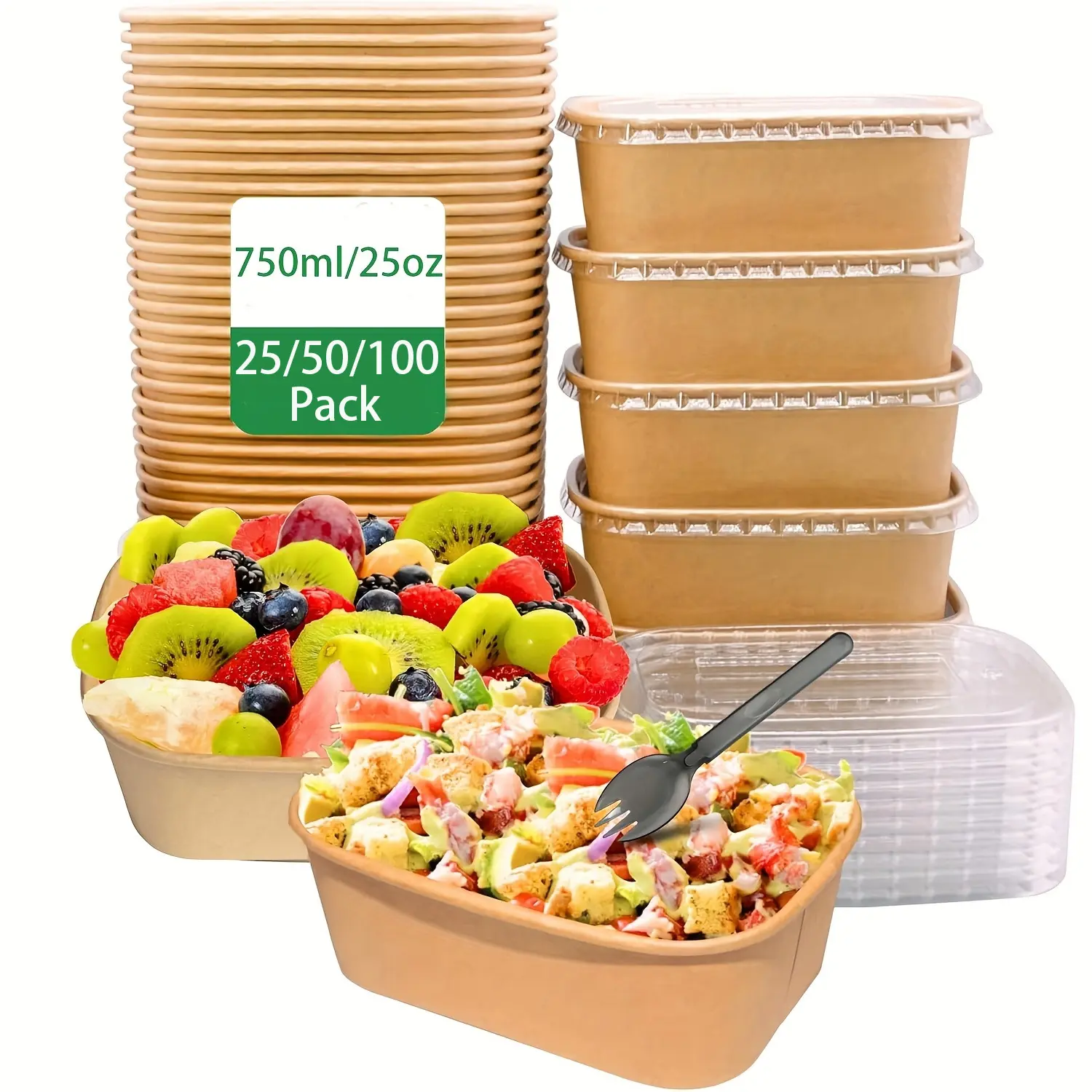 25oz/750ml 25/50/100 Pack Disposable Kraft paper bowls with lids, Disposable Tableware, Rectangle Food containers Soup Bowls Party Supplies Treat Bowls