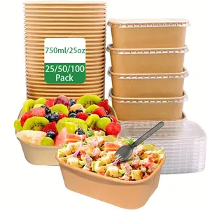 25oz/750ml 25/50/100 Pack Disposable Kraft paper bowls with lids, Disposable Tableware, Rectangle Food containers Soup Bowls Party Supplies Treat Bowls