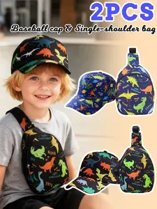 2PCS Kids Cartoon Print Baseball Cap & Dinosaur Chest Bag Set, Black Dinosaur & Blue Space Dinosaur Styles Available, Lightweight Sun Hat with Storage Bag, Suitable for Boys Girls Daily Wear, Outdoor, Hiking, School, Ideal Birthday & Holiday Gift