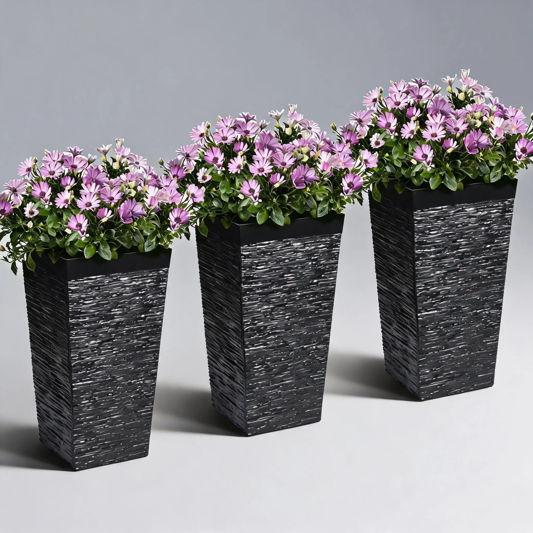 Three-Piece 22.5-Inch High Black Flowerpot Set - Suitable for Indoor and Outdoor Use, Elevated Garden Flowerpots with Drainage Holes, Black Surface Treatment