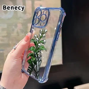 Electroplated Four Corner Anti-Fall Mecha - Skull Lily Pattern Phone Case for iPhone 16 Pro Max 15 Plus 14 13 12 11 E Shockproof Transparent Protective Cover