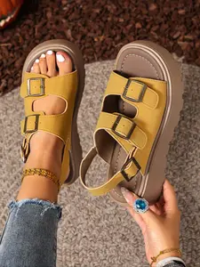 Women's Summer Platform Sandals, Thick Sole Fashion Shoes, Outdoor Comfortable Soft PU Leather Slippers, Simple Style