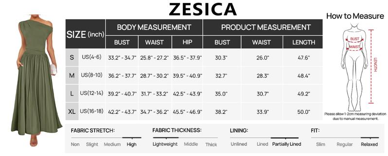 ZESICA Women's Summer 2025 Sleeveless Maxi Dress One Shoulder Casual Slim Swing Pleated Formal Dresses with Pockets