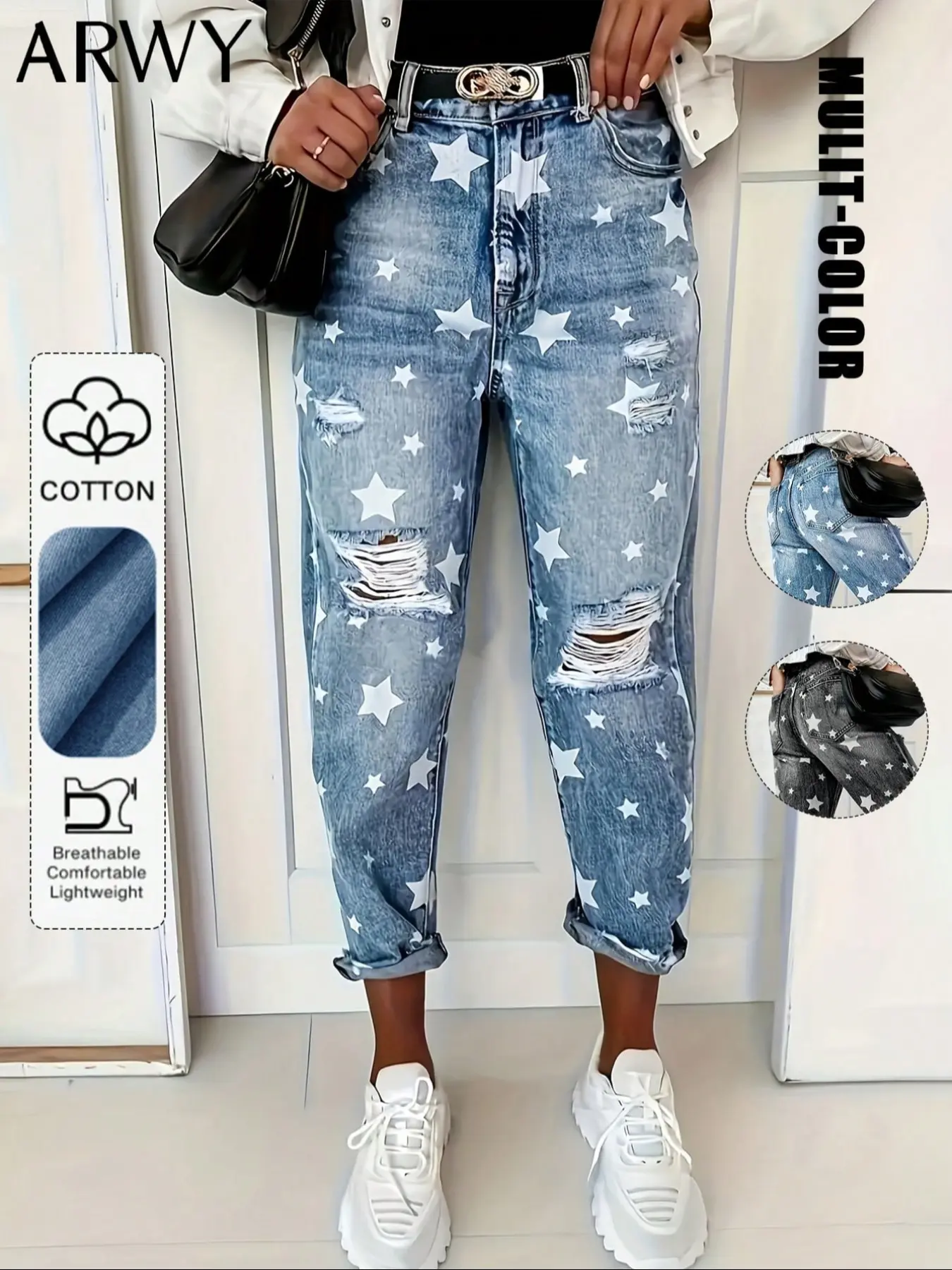 Women's Casual Fitted Ripped Button Jeans, Star Print Denim Jeans, All-Season Wear, Elegant Party, Daily Airport Style, Concert & Travel