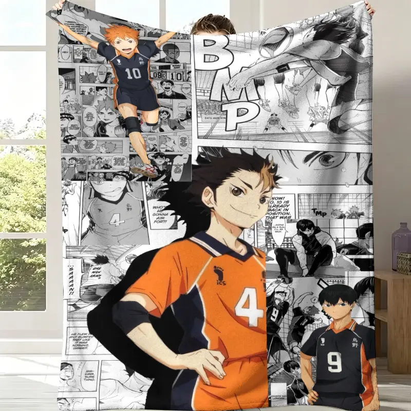 Karasuno High Volleyball Anime Fan Lightweight Fleece Blanket - Mixed Manga Spliced Background, Main Char Print, Breathable Fabric, Teens' Neutral Monochrome Room & House Decor, Sports Anime Gift