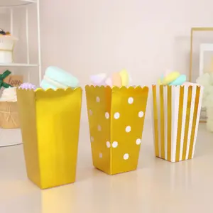 36 Pack White / Gold Cardboard Popcorn Style Favor Boxes, Candy Paper Bags - Stripe, Polka Dot, Solid Design 5"
