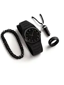Men's Cool Wristwatch & Bracelet Necklace Ring Set, Fashionable Trendy Accessories, Quartz Watch Set For Daily Wear, Party Gifts, Valentine's Day, Wrist Watch For Halloween