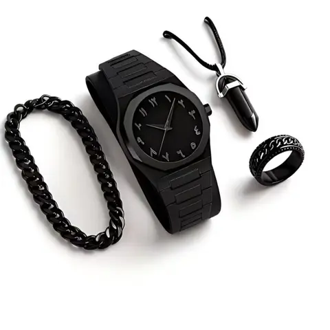 Men's Cool Wristwatch & Bracelet Necklace Ring Set, Fashionable Trendy Accessories, Analog Quartz Watch Set For Daily Wear, Party Gifts, Valentine's Day, Wrist Watch For Halloween