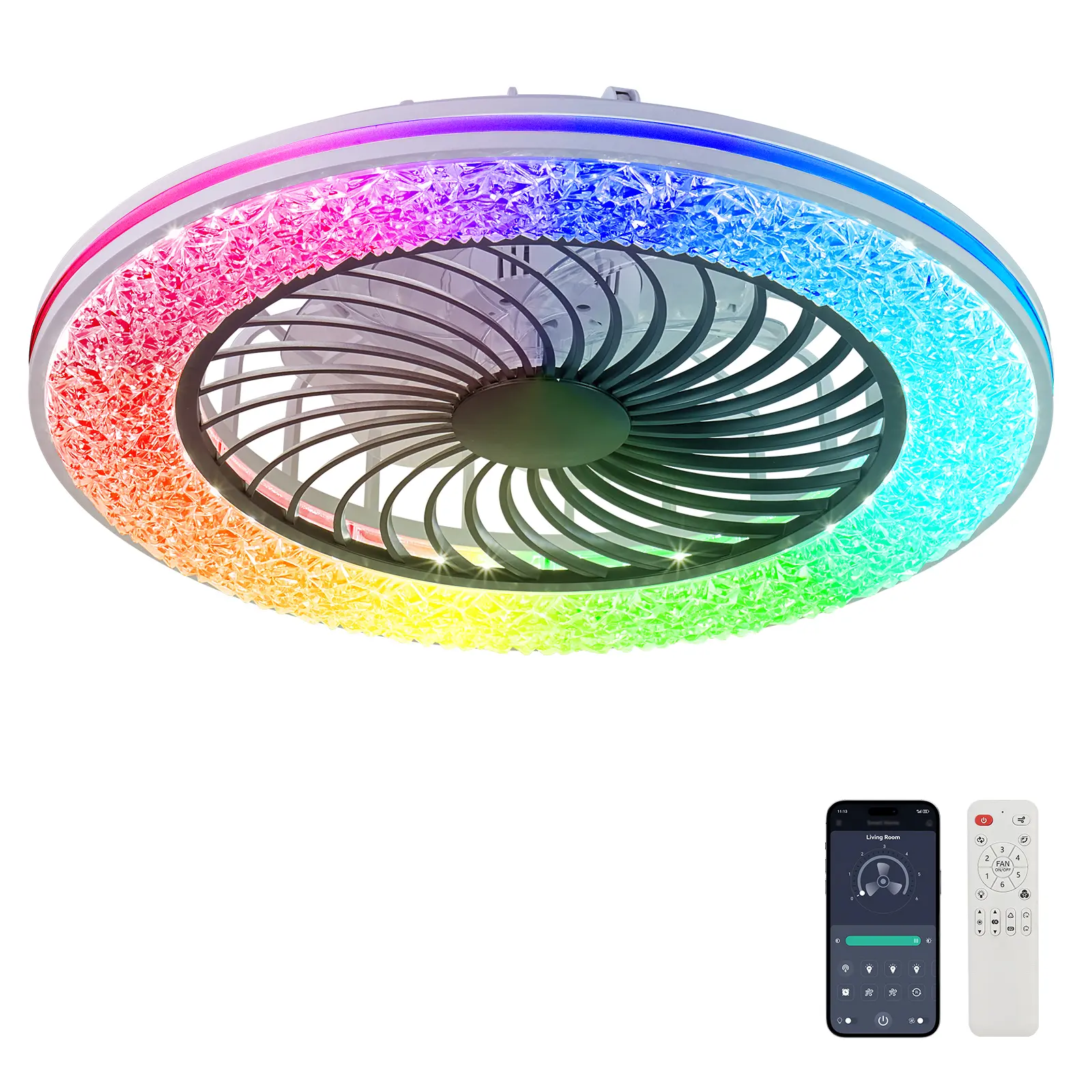 Modern 23-Inch Bladeless Enclosed Ceiling Fan with RGB LED Light, 6 Speeds, Reversible, Low Profile, Black Iron, for Living Room Bedroom Office