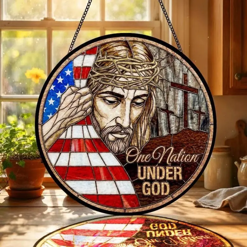 One Nation Under God Suncatcher, Jesus American Flag Stained Glass, Christian Window Hanging, Patriotic Religious Gift, Christian Home Decor