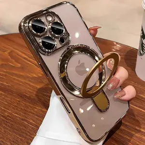 Case for iPhone 16 6.1", Compatible with MagSafe, Luxury Plating Shockproof Clear Phone Cover with Invisible Stand, Full Camera Lens & Screen Protector for Women Girls, Titanium Gold