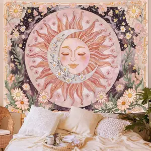 Neasow Sun Moon Daisy Tapestry, Bohemian Aesthetics Flower Wall Art, Living Room Bedroom Home Furnishings, Flower Wall Hanging Combination Cheap Bedroom Decoration Bedroom Decoration Room Supplies Pink Hippie Decoration