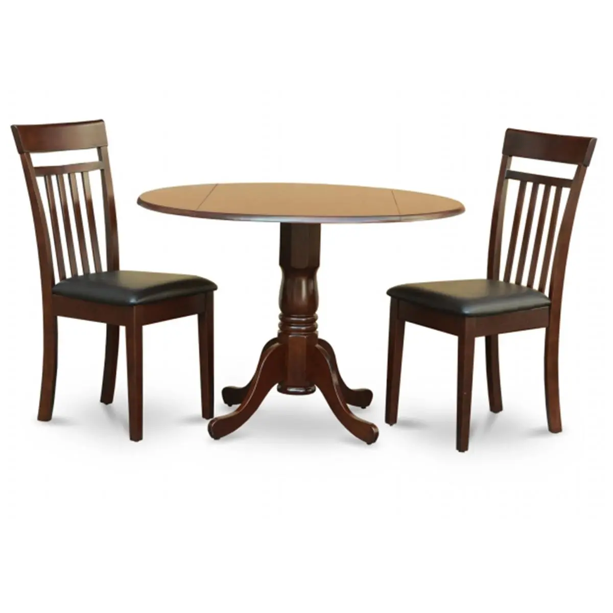 East West Furniture 3PC Solid Wood Dining Room Set - Round Mahogany Finish Kitchen Table with 2 Drop Leaves, 2 Slat-Back Chairs with Faux Leather Upholstered Seats