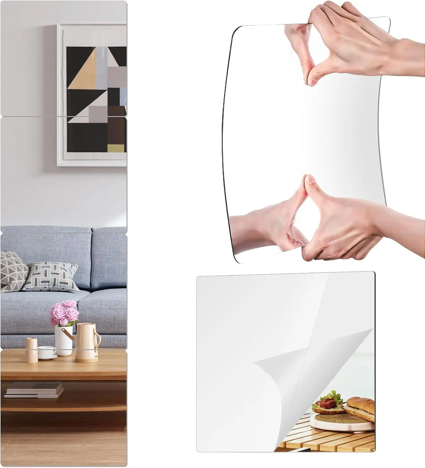 Wall Mirrors 12 x 12 Inch 4 Pack, Acrylic Mirror Tiles, Frameless Shatterproof Mirrors for Wall, Full Length Body Mirror for Bedroom, Home Gym, Door