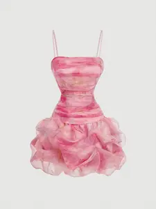Women's Apricot Ruched Bubble Hem Dress, Organza Mini Dress, Graduation Party Dress, Valentine Dress