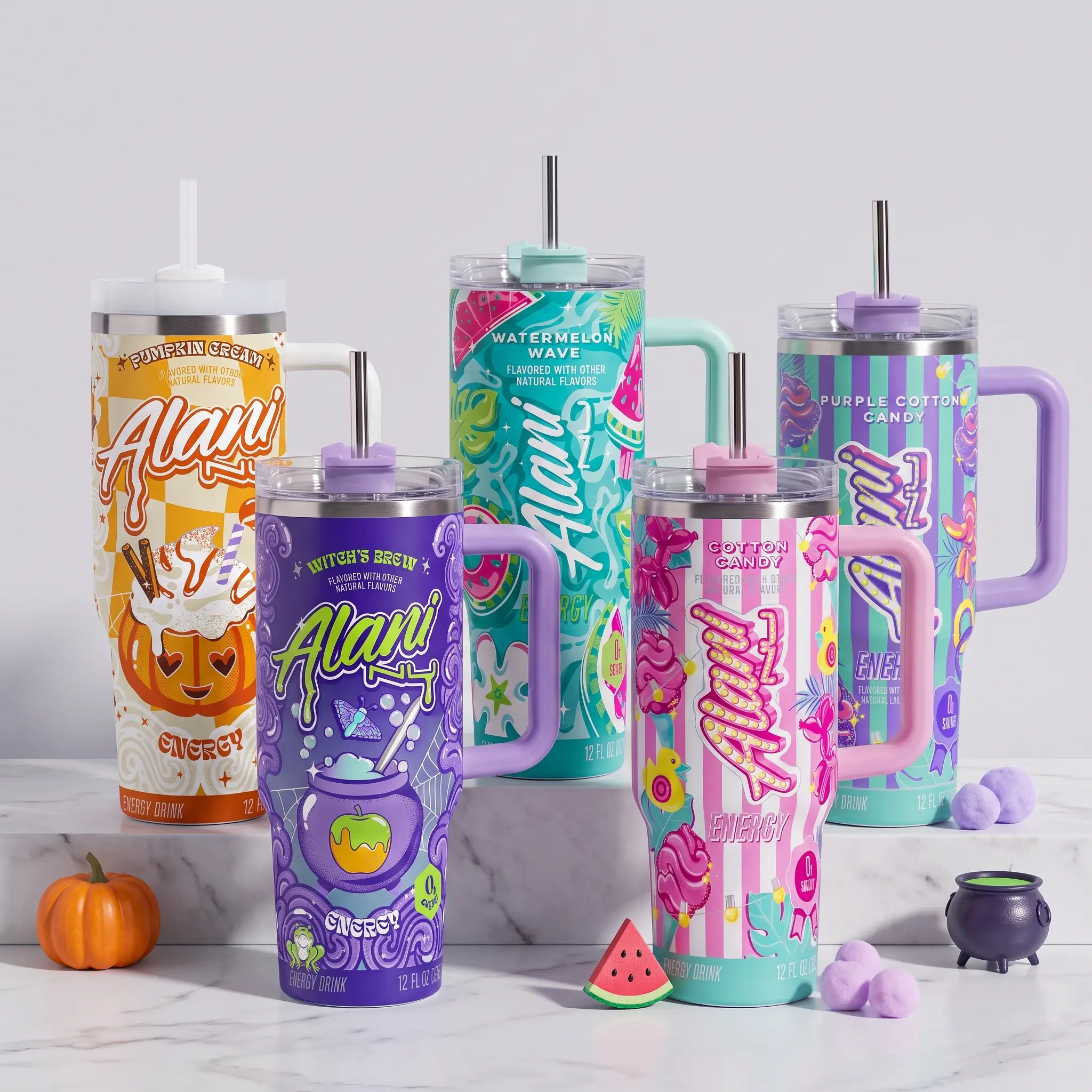 Alani Nu Full Color Tumbler With Handle - Witches Brew Energy Drink for Extreme Sports Athlete - Purple Cotton Candy, Pumpkin Cream, Witch's Brew Insulated Travel Mug With Straw Lid Portable Water Bottles Drinkware Reusable